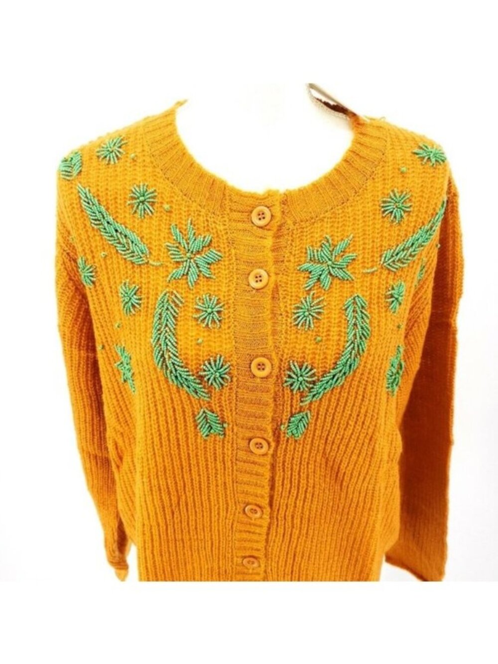 PEPALOVES Beaded Oversized Cardigan Sweater Yellow Mustard Green Beads MEDIUM